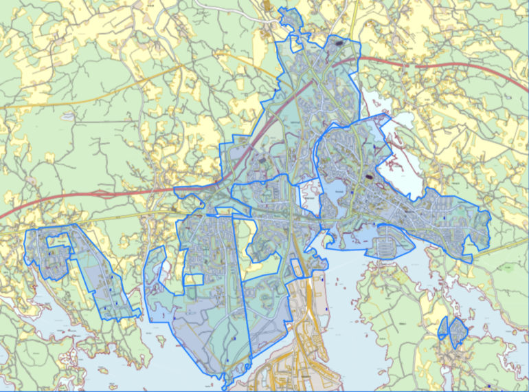 Karttakuva Haminan kaupungin hulevesijärjestelmän vaikutusalueesta.