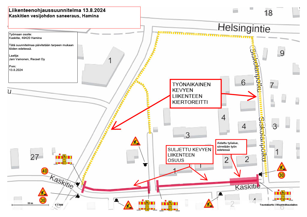 Työmaan ajan Kaskitien kevyen liikenteen väylä on suljettu läpikululta ja kiertoreitti toteutetaan oheisen kartan mukaisesti eli Siskolanpolku-Helsingintie-Summanlahdentie.